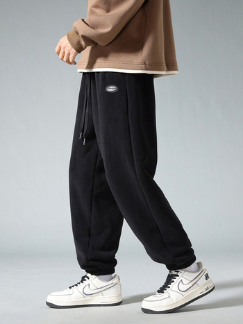 Pantaloni sport de iarnă pentru bărbați, căptuiți cu fleece, croiți larg, talie medie, închidere cu șiret, material micro-elastic fleece