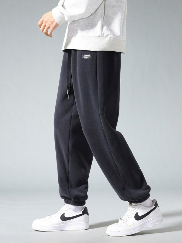 Pantaloni sport de iarnă pentru bărbați, căptuiți cu fleece, croiți larg, talie medie, închidere cu șiret, material micro-elastic fleece