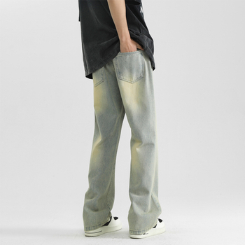 Blugi bărbătești drepti, stil retro, talie joasă, fermoar, denim spălat, microelastic