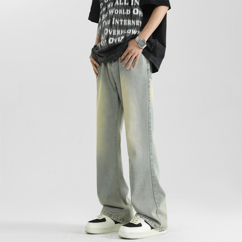 Blugi bărbătești drepti, stil retro, talie joasă, fermoar, denim spălat, microelastic