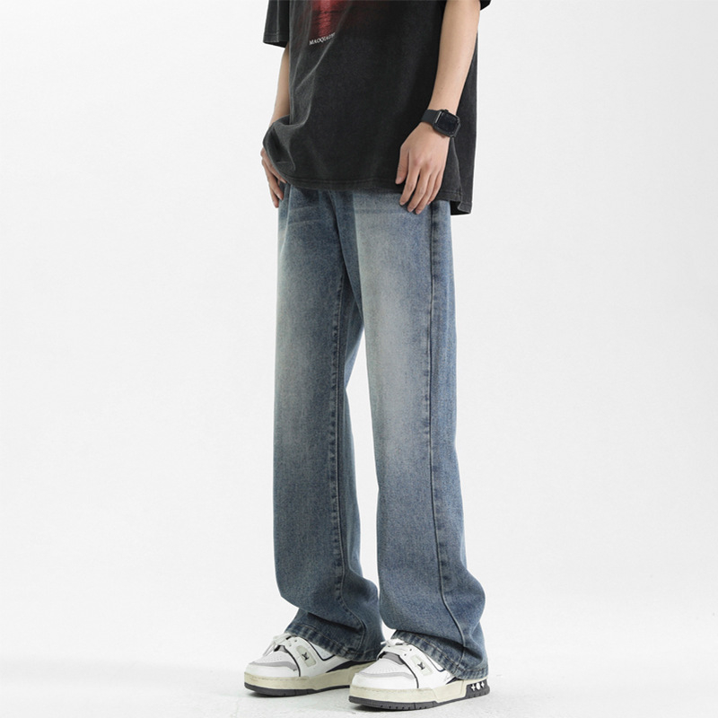 Blugi bărbătești drepti, stil retro, talie joasă, fermoar, denim spălat, microelastic