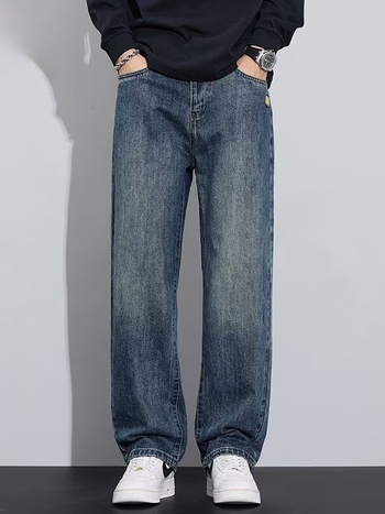 Jeanși casual pentru bărbați, croială dreaptă, talie medie, închidere cu nasturi, stil retro, detaliu patch, denim poliester >90%