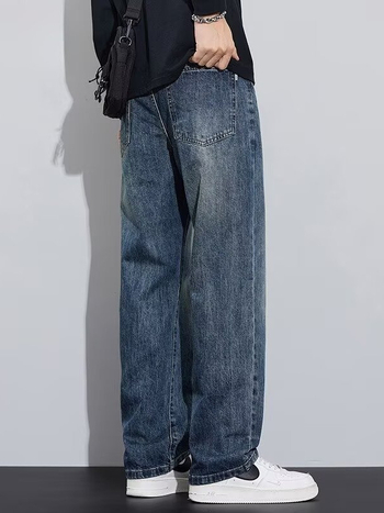 Jeanși casual pentru bărbați, croială dreaptă, talie medie, închidere cu nasturi, stil retro, detaliu patch, denim poliester >90%