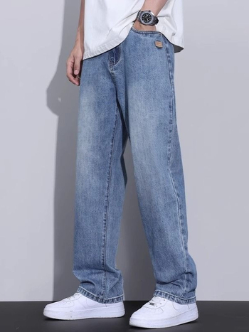 Jeanși casual pentru bărbați, croială dreaptă, talie medie, închidere cu nasturi, stil retro, detaliu patch, denim poliester >90%