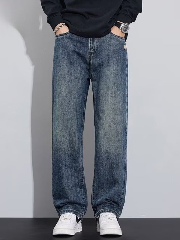 Jeanși casual pentru bărbați, croială dreaptă, talie medie, închidere cu nasturi, stil retro, detaliu patch, denim poliester >90%