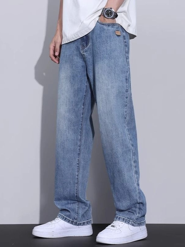 Jeanși casual pentru bărbați, croială dreaptă, talie medie, închidere cu nasturi, stil retro, detaliu patch, denim poliester >90%