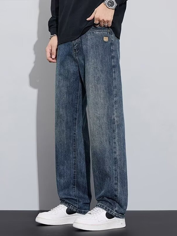 Jeanși casual pentru bărbați, croială dreaptă, talie medie, închidere cu nasturi, stil retro, detaliu patch, denim poliester >90%