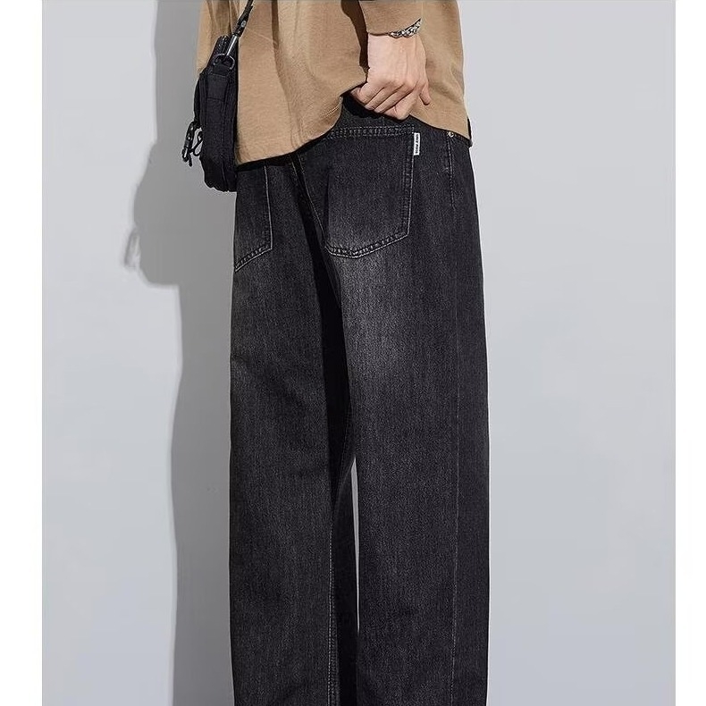 Jeanși casual pentru bărbați, croială dreaptă, talie medie, închidere cu nasturi, stil retro, detaliu patch, denim poliester >90%