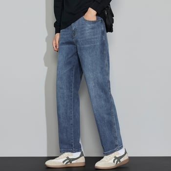 Jeansi bărbați din denim, bumbac, talie medie, croială dreaptă, fermoar, buzunare multiple