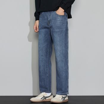 Jeansi bărbați din denim, bumbac, talie medie, croială dreaptă, fermoar, buzunare multiple