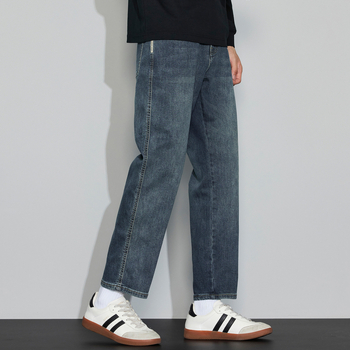 Jeansi bărbați din denim, bumbac, talie medie, croială dreaptă, fermoar, buzunare multiple