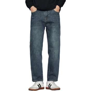 Jeansi bărbați din denim, bumbac, talie medie, croială dreaptă, fermoar, buzunare multiple