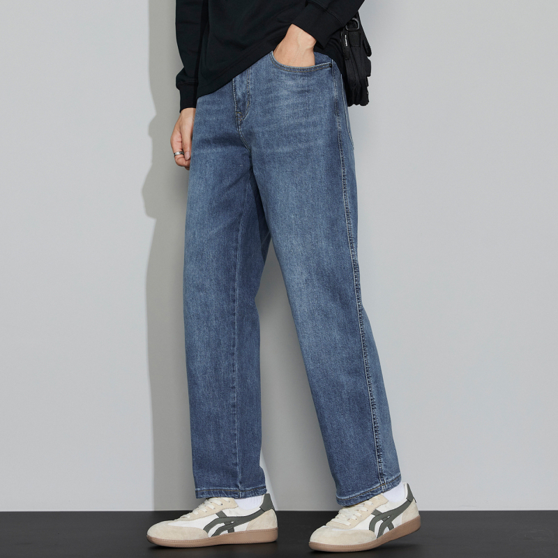 Jeansi bărbați din denim, bumbac, talie medie, croială dreaptă, fermoar, buzunare multiple