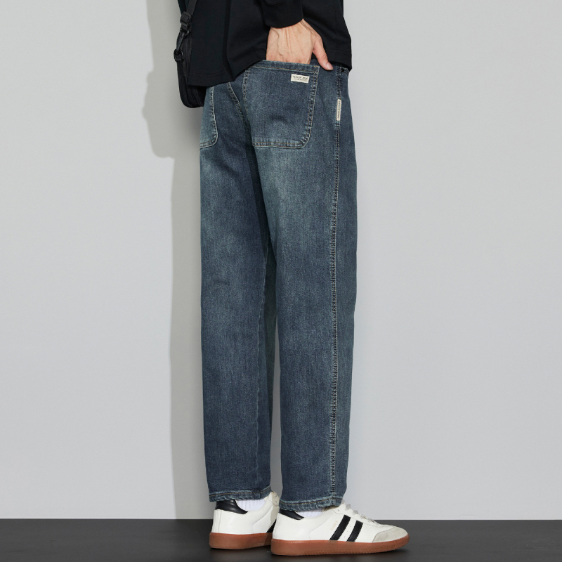 Jeansi bărbați din denim, bumbac, talie medie, croială dreaptă, fermoar, buzunare multiple