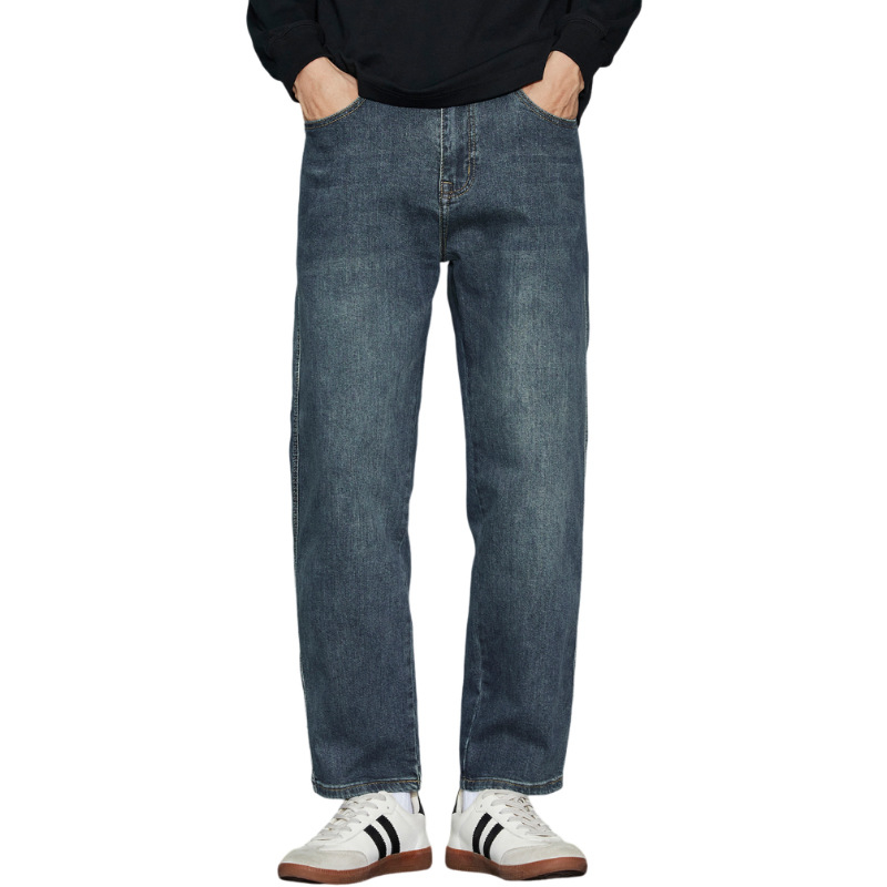 Jeansi bărbați din denim, bumbac, talie medie, croială dreaptă, fermoar, buzunare multiple