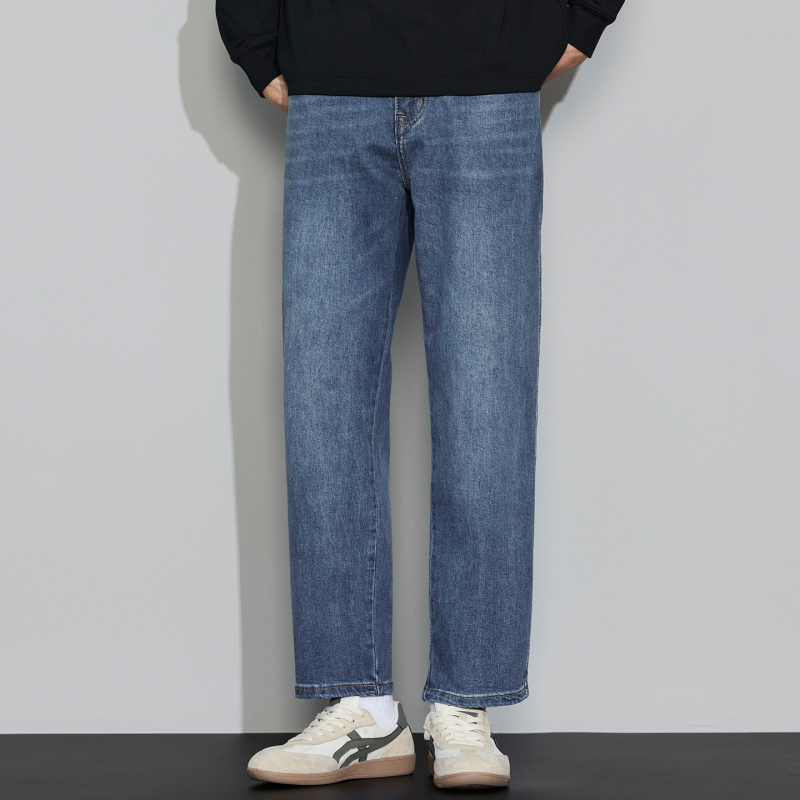 Jeansi bărbați din denim, bumbac, talie medie, croială dreaptă, fermoar, buzunare multiple