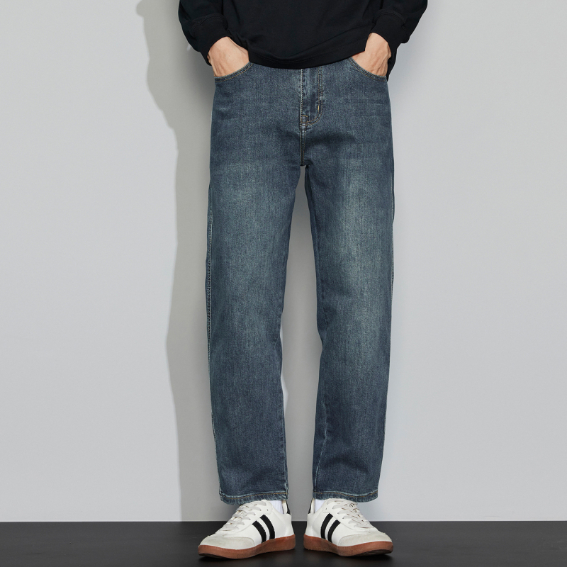 Jeansi bărbați din denim, bumbac, talie medie, croială dreaptă, fermoar, buzunare multiple