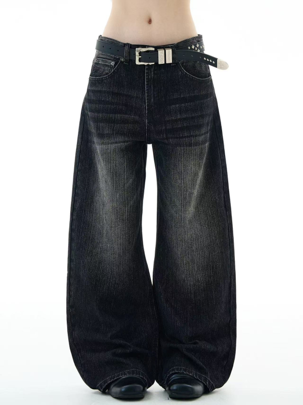 Jeansi cu talie înaltă, croială conică, spălare vintage cu nisip, cinci buzunare