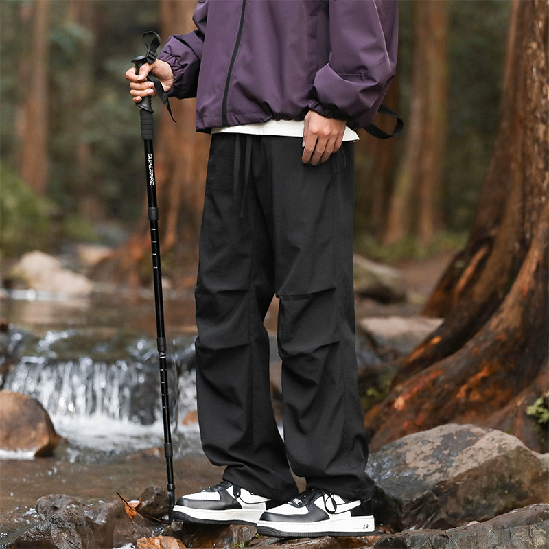 Pantaloni casual de lucru din nailon stretch, talie medie cu curea, croi liber drept, țesătură uscată rapid pentru vară, buzunare multiple