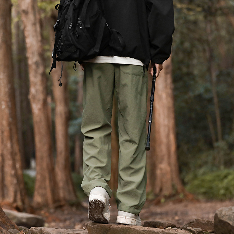 Pantaloni casual de lucru din nailon stretch, talie medie cu curea, croi liber drept, țesătură uscată rapid pentru vară, buzunare multiple