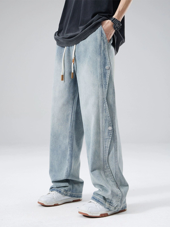 Blugi bărbați, croială lejeră, picior drept, talie medie, închidere cu șnur, lavabil, micro-elasticitate, potriviți pentru toate cele patru anotimpuri