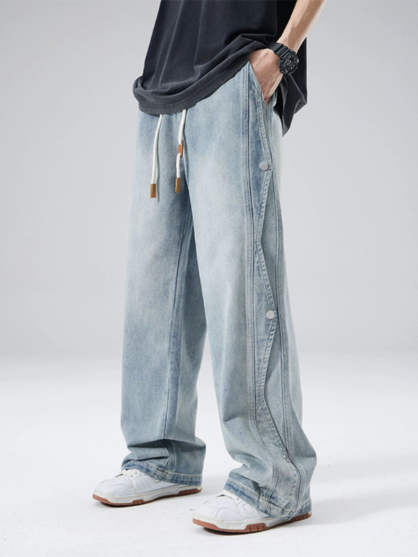 Blugi bărbați, croială lejeră, picior drept, talie medie, închidere cu șnur, lavabil, micro-elasticitate, potriviți pentru toate cele patru anotimpuri