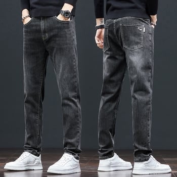 Jeans drepti pentru bărbați, talie înaltă, închidere cu șnur, denim ușor, 65% poliester