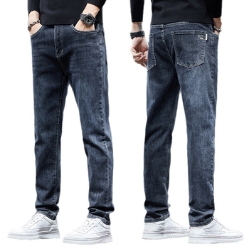 Jeans drepti pentru bărbați, talie înaltă, închidere cu șnur, denim ușor, 65% poliester