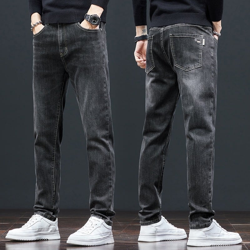 Jeans drepti pentru bărbați, talie înaltă, închidere cu șnur, denim ușor, 65% poliester