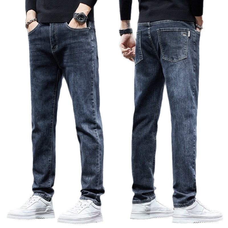 Jeans drepti pentru bărbați, talie înaltă, închidere cu șnur, denim ușor, 65% poliester