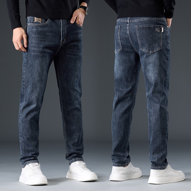 Jeans drepti pentru bărbați, talie înaltă, închidere cu șnur, denim ușor, 65% poliester