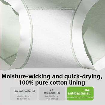 Moteriški medvilniniai apatininiai su vidutiniu juosmeniu, antibakteriniai ir kvėpuojantys; pagrindinis audinys 80–90% medvilnė; tarpinės įdėklas 100% medvilnė