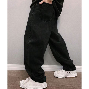 Blugi bărbați cu croială lejeră, picioare largi, talie înaltă, închidere cu fermoar