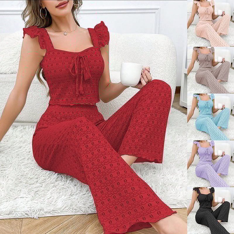 Otthoni pizsama szett cami-stílusú felsővel, ujj nélküli top és nadrág, kötött jacquard anyag, 93% poliészter, 7% elasztán