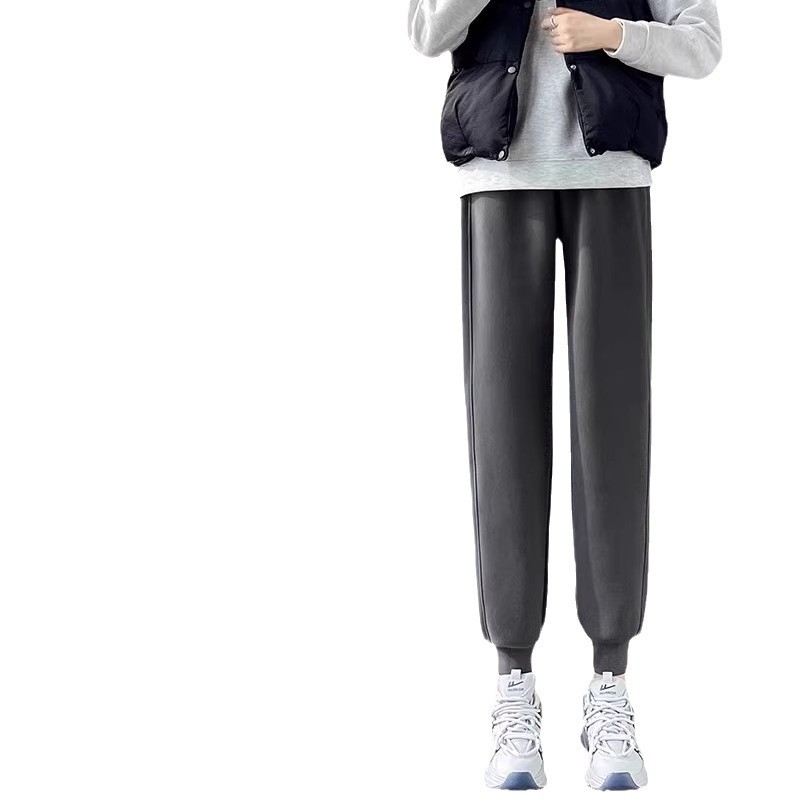 Moteriškos sportinės kelnės iš chenille audinio, aukštas liemuo, tiesus kirpimas, stora medžiaga, ruduo 2024.