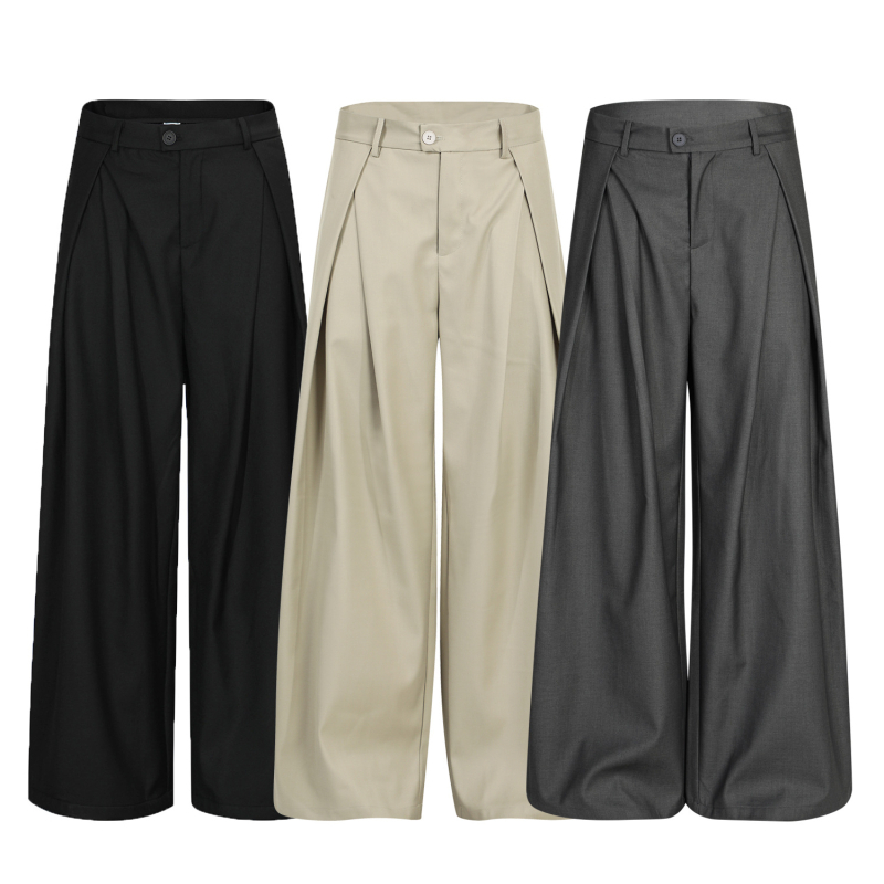 Pantaloni casual unisex, plisati, design deconstruit, croială lejeră, talie medie, amestec poliester-viscose, închidere cu nasturi