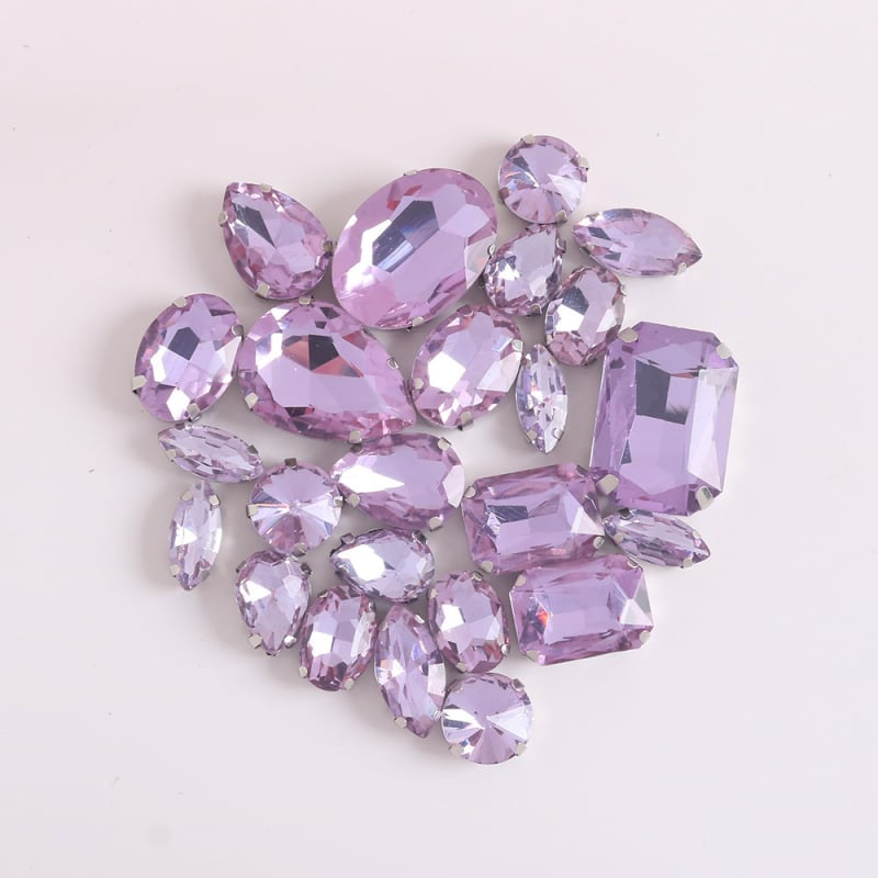 Клау кристали за облекло – 24 бр. микс стъклени кристали с дупки за пришиване, електроплатени, смес стъкло и лазурит