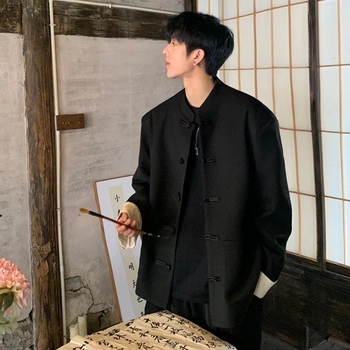 Мъжко яке в стил Тан, със стояща яка и дисково копче, полиестерно смесена материя, джобове, четири сезона