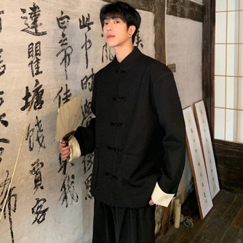 Мъжко яке в стил Тан, със стояща яка и дисково копче, полиестерно смесена материя, джобове, четири сезона