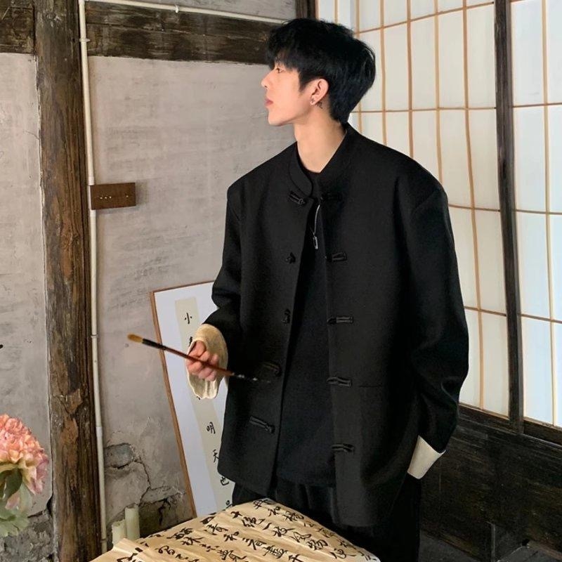 Мъжко яке в стил Тан, със стояща яка и дисково копче, полиестерно смесена материя, джобове, четири сезона