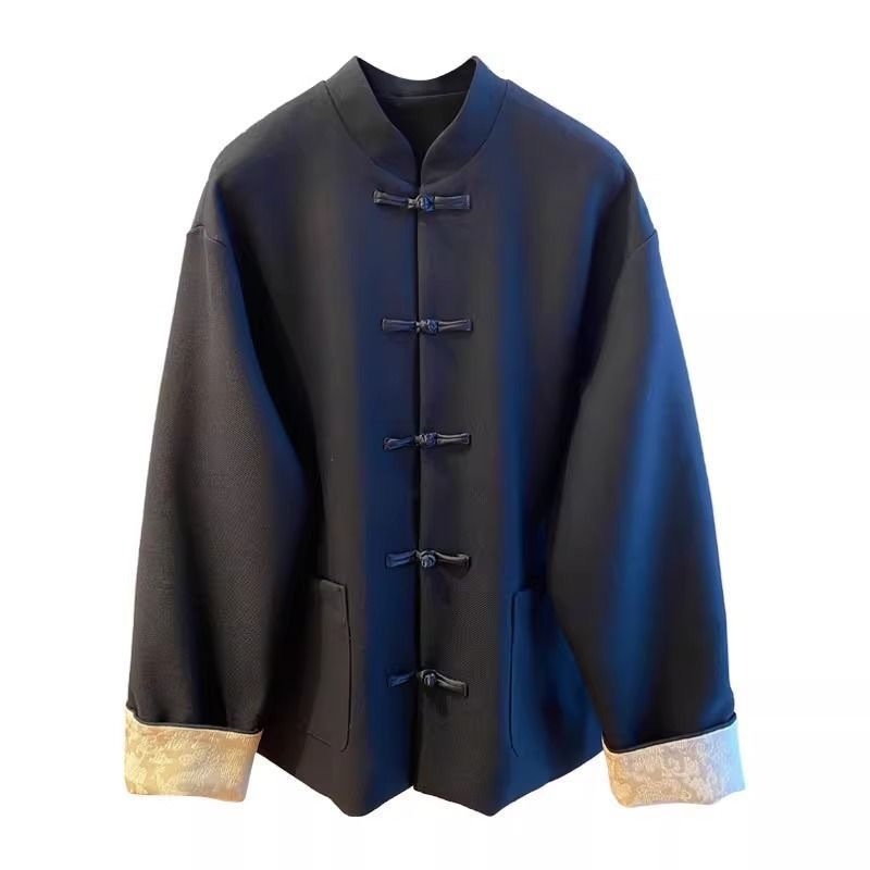 Мъжко яке в стил Тан, със стояща яка и дисково копче, полиестерно смесена материя, джобове, четири сезона