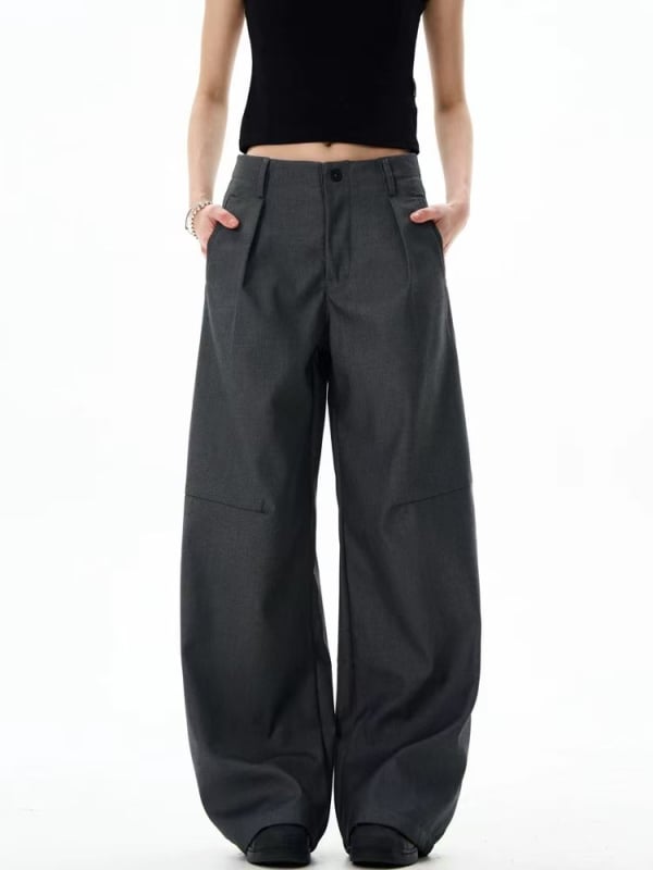 Pantaloni casual cu siluetă plisată, stil American retro Cleanfit, largi, drepți, lungi până la podea; țesătură din amestec fibre chimice, 82% poliester; pentru toate anotimpurile.