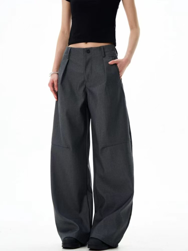 Pantaloni casual cu siluetă plisată, stil American retro Cleanfit, largi, drepți, lungi până la podea; țesătură din amestec fibre chimice, 82% poliester; pentru toate anotimpurile.