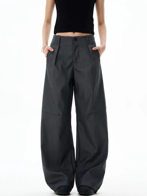 Pantaloni casual cu siluetă plisată, stil American retro Cleanfit, largi, drepți, lungi până la podea; țesătură din amestec fibre chimice, 82% poliester; pentru toate anotimpurile.