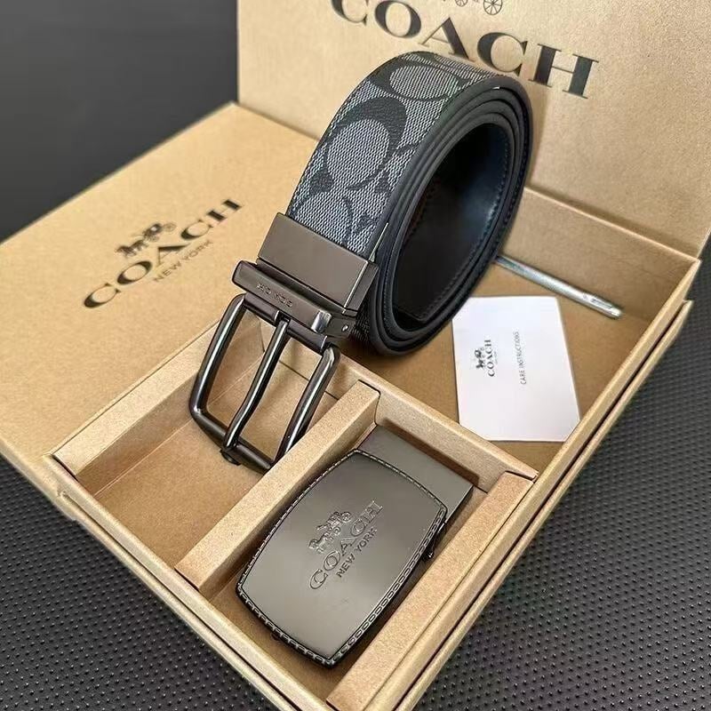 Ανδρική ζώνη από γνήσιο δέρμα με C-μοτίβο, διπλή αγκράφα και διπλής όψης ανάγλυφο φινίρισμα (Υλικό: Γνήσιο δέρμα; Στρώμα: δεύτερο στρώμα βοδινού δέρματος; Αγκράφα: κράμα; Κλείσιμο: snap button; Πλάτος: 2-4 εκ)