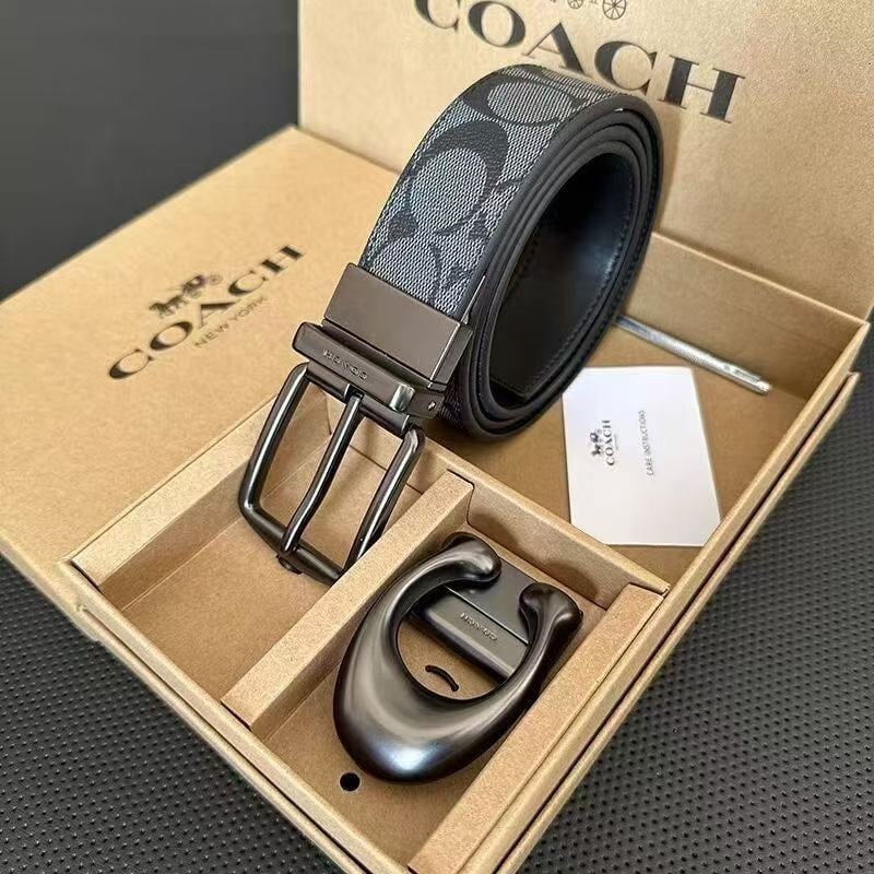 Ανδρική ζώνη από γνήσιο δέρμα με C-μοτίβο, διπλή αγκράφα και διπλής όψης ανάγλυφο φινίρισμα (Υλικό: Γνήσιο δέρμα; Στρώμα: δεύτερο στρώμα βοδινού δέρματος; Αγκράφα: κράμα; Κλείσιμο: snap button; Πλάτος: 2-4 εκ)