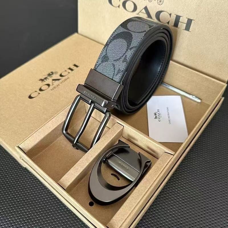 Ανδρική ζώνη από γνήσιο δέρμα με C-μοτίβο, διπλή αγκράφα και διπλής όψης ανάγλυφο φινίρισμα (Υλικό: Γνήσιο δέρμα; Στρώμα: δεύτερο στρώμα βοδινού δέρματος; Αγκράφα: κράμα; Κλείσιμο: snap button; Πλάτος: 2-4 εκ)