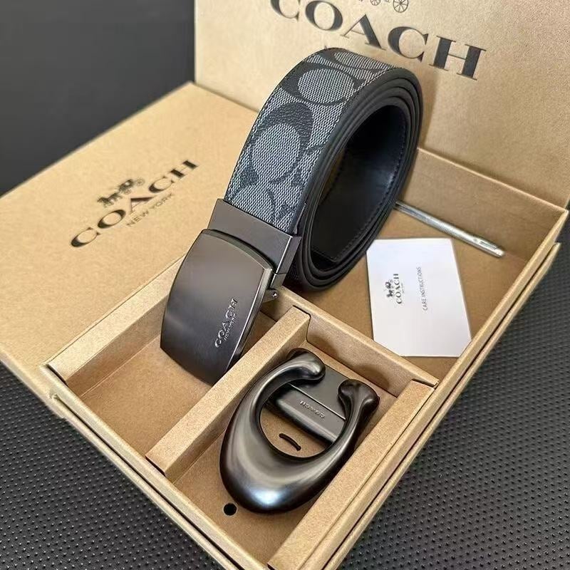 Ανδρική ζώνη από γνήσιο δέρμα με C-μοτίβο, διπλή αγκράφα και διπλής όψης ανάγλυφο φινίρισμα (Υλικό: Γνήσιο δέρμα; Στρώμα: δεύτερο στρώμα βοδινού δέρματος; Αγκράφα: κράμα; Κλείσιμο: snap button; Πλάτος: 2-4 εκ)