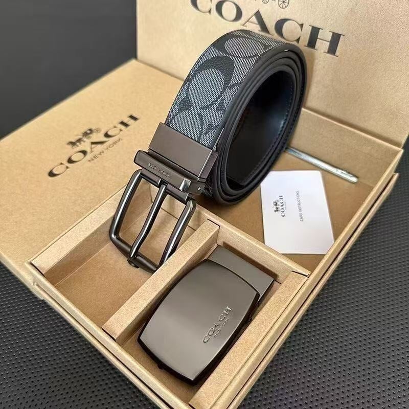 Ανδρική ζώνη από γνήσιο δέρμα με C-μοτίβο, διπλή αγκράφα και διπλής όψης ανάγλυφο φινίρισμα (Υλικό: Γνήσιο δέρμα; Στρώμα: δεύτερο στρώμα βοδινού δέρματος; Αγκράφα: κράμα; Κλείσιμο: snap button; Πλάτος: 2-4 εκ)