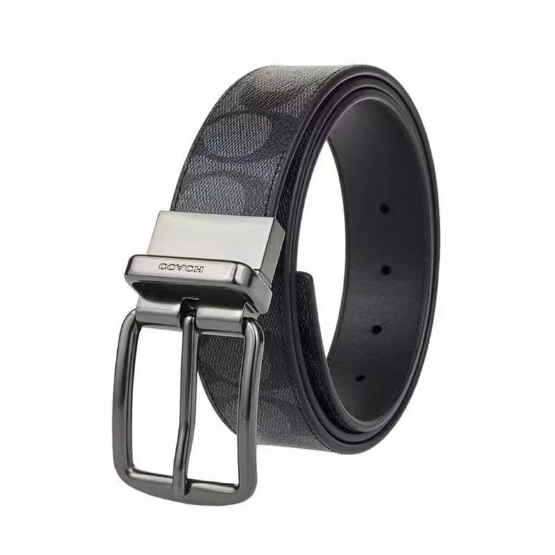 Ανδρική ζώνη από γνήσιο δέρμα με C-μοτίβο, διπλή αγκράφα και διπλής όψης ανάγλυφο φινίρισμα (Υλικό: Γνήσιο δέρμα; Στρώμα: δεύτερο στρώμα βοδινού δέρματος; Αγκράφα: κράμα; Κλείσιμο: snap button; Πλάτος: 2-4 εκ)